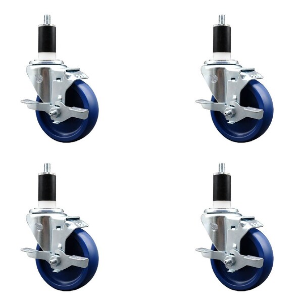4'' Solid Poly Swivel 1-3/8'' Expanding Stem Caster Set with Brake, 4PK